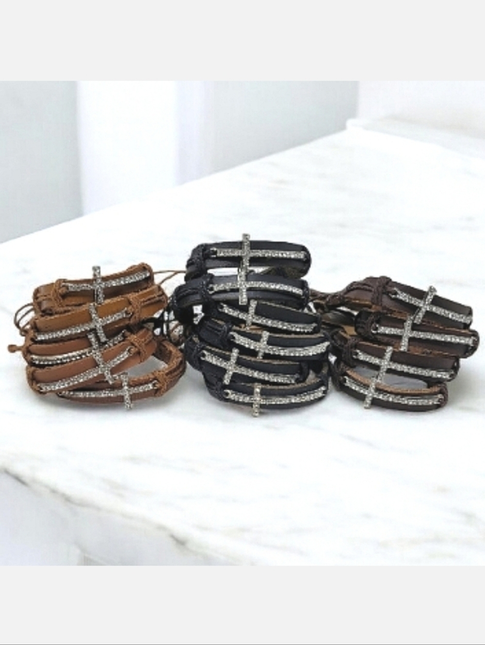 15 Wholesale  Genuine Leather Rhinstone Cross Adjustable  Bracelet Bundle